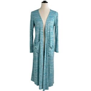LuLaRoe Sarah Duster Cardigan Womens Medium Teal Blue Grid Ribbed Knit Pockets